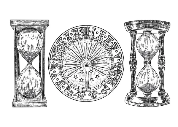 Набор солнечных или солнечных часов и песочных часов или песочных часов . — стоковый вектор