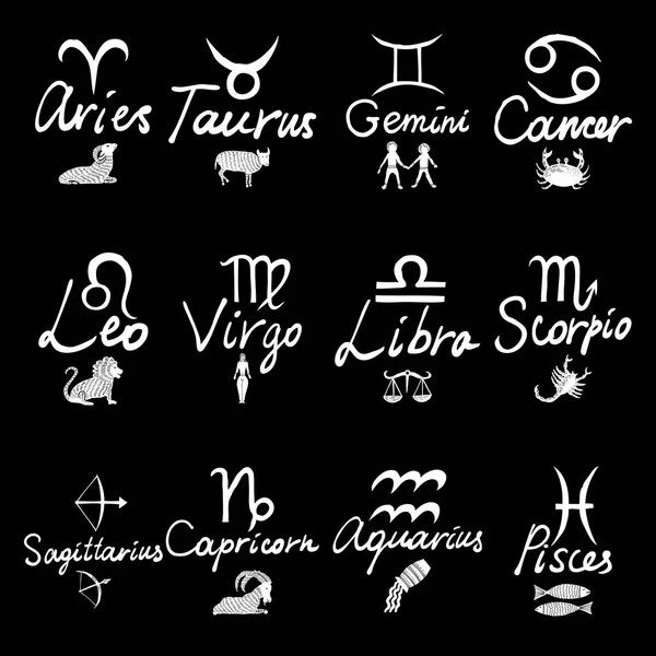 Zodíaco 12 signos Capricornio Acuario Piscis Aries Tauro Géminis Ca — Vector de stock