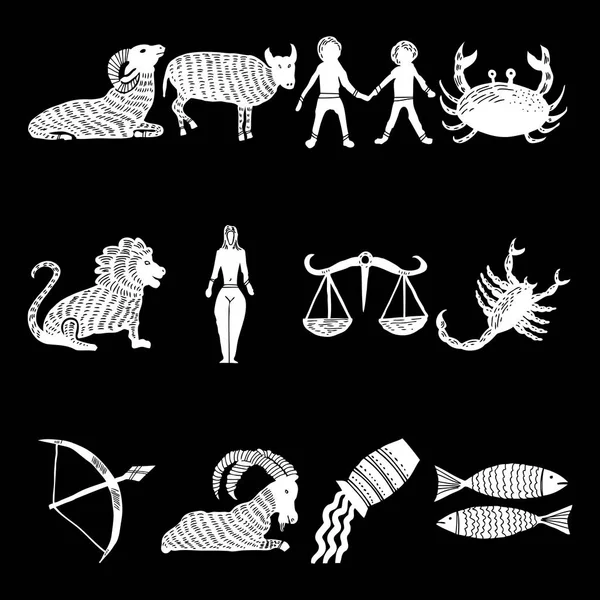 Conjunto de iconos del zodíaco para horóscopo. Utilizable para palmas ocultas místicas — Vector de stock