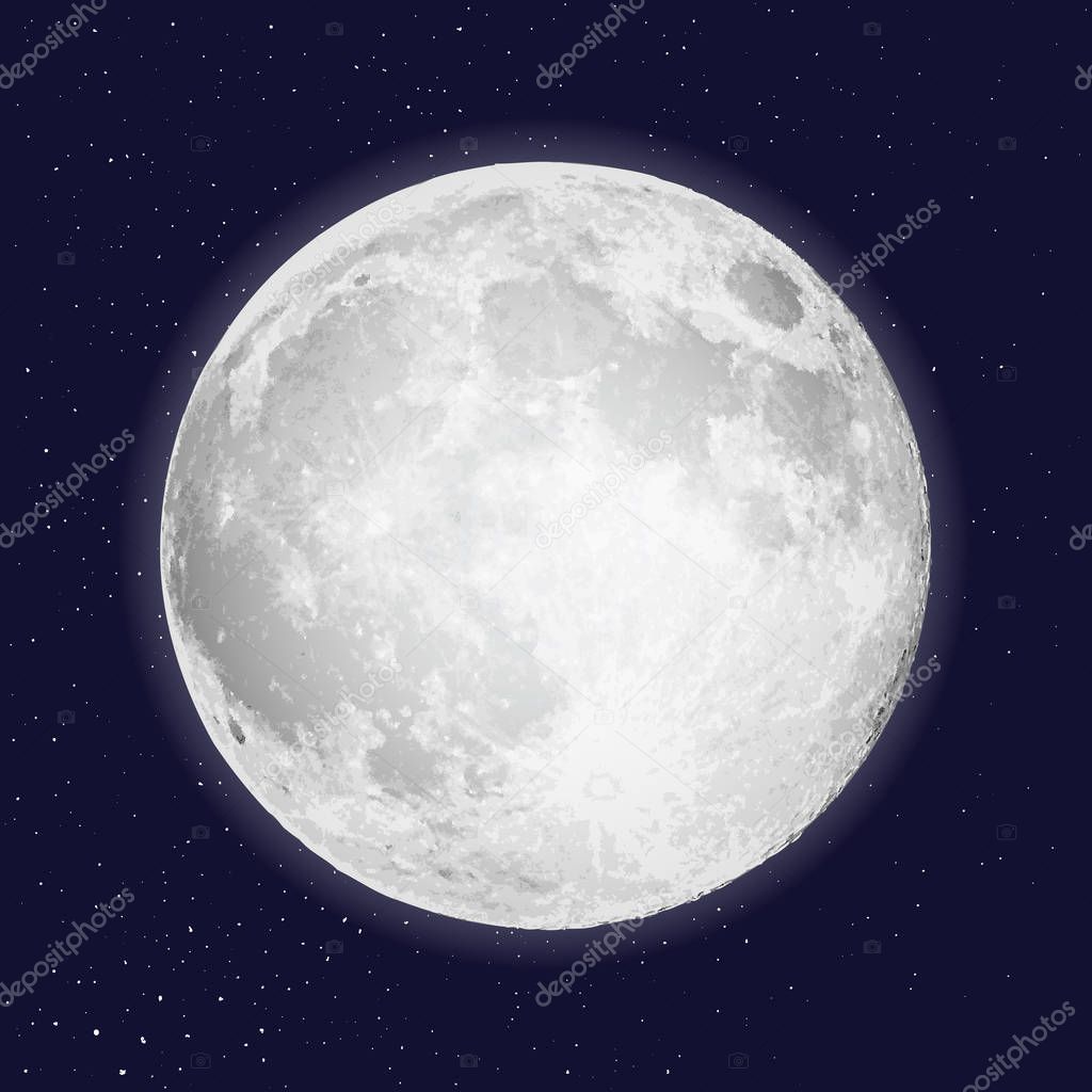 Realistic full moon isolated. Shiny on dark blue space backgroun