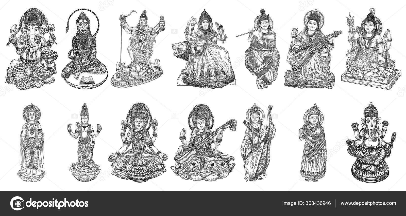 Conjunto de Deuses para o festival indiano, Deusa Durga, Lorde Rama e  Hanuman. Lorde Ganpati ou, image size:1600x853