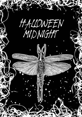 Cadılar Bayramı siyah beyaz arka plan kartı ürpertici çizim ile. Büyücülük büyü kavramı. Vektör.