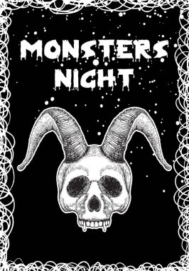 Cadılar Bayramı tatil siyah kartı iblis kafatası ile. Elle çizilmiş el ilanı posterler ve el yazısı yazı metin kelime teklif ve ifade ile tebrik kartı. Vektör.