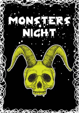 Cadılar Bayramı tatil siyah kartı iblis kafatası ile. Elle çizilmiş el ilanı posterler ve el yazısı yazı metin kelime teklif ve ifade ile tebrik kartı. Vektör.