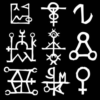 Wiccan sembolleri, Deccal pentagramından ve büyücülükten esinlenilmiş hayali haç sembolleri. Vektör.