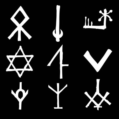 Eski İskandinav rünlerinden oluşan hayali bir set. Runik alfabe sembolleri, futhark. Eski okült sembollerden, Viking harflerinden ve rünlerden esinlenilmiştir. Vektör. 