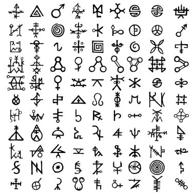 Büyük ezoterik sembolü tasarım öğeleri kümesi. Hayali el yazısı simya işaretler, uzay, maneviyat, Tasavvuf, Masonluk, Astroloji tarafından ilham. Vektör .