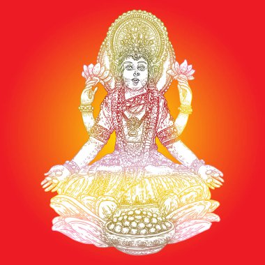 Lakshmi zenginlik ve refah Hindu ve Vaishnava tanrıçası, Vishnu eşi ve Diwali, Hindistan ışık festivali bir sembolüdür. Diwali kavramı. Elle çizilmiş vektör.