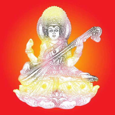 Öğrenme, müzik, sanat ve bilgelik tanrıçası. Diwali kavramı. Saraswati Vasant Panchami Hindistan festival arka plan için bir ud oynuyor. Elle çizilmiş vektör.