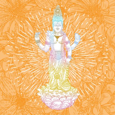 Lord Vishnu nilüfer üzerinde duran bereket el klasik vizyon illüstrasyon çizilmiş vererek. Diwali kavramı. Hindu Tanrısı. Vektör.