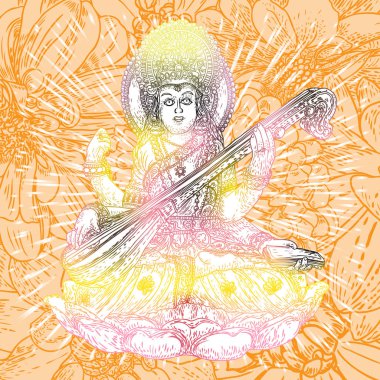 Öğrenme, müzik, sanat ve bilgelik tanrıçası. Diwali kavramı. Saraswati Vasant Panchami Hindistan festival arka plan için bir ud oynuyor. Elle çizilmiş vektör.
