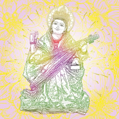 Öğrenme, müzik, sanat ve bilgelik tanrıçası. Diwali kavramı. Saraswati Vasant Panchami Hindistan festival arka plan için bir ud oynuyor. Elle çizilmiş vektör.