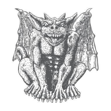 İnsan ve ejderha yarasa gibi boynuzları dişleri ve pençeleri ile iblis Chimera fantastik canavar yaratık saldırmak için agresif pozisyon defada çirkin yaratık. El, ortaçağ Gotik veliler çekilmiş. Vektör 