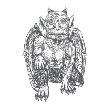 İnsan ve ejderha yarasa gibi boynuzları dişleri ve pençeleri ile iblis Chimera fantastik canavar yaratık saldırmak için agresif pozisyon defada çirkin yaratık. El, ortaçağ Gotik veliler çekilmiş. Vektör 