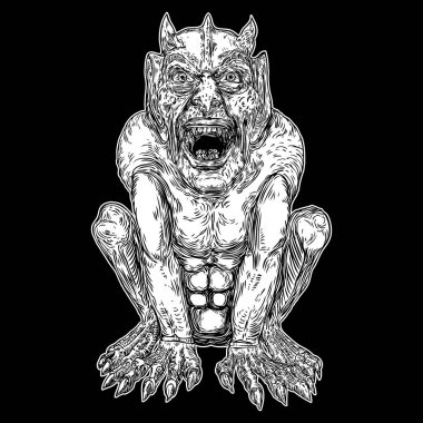 İblis, insan gibi sivri dişli boynuzları ve pençeleri olan canavar bir kimera. Mistik ve okült el oymalı şeytan vektörü.