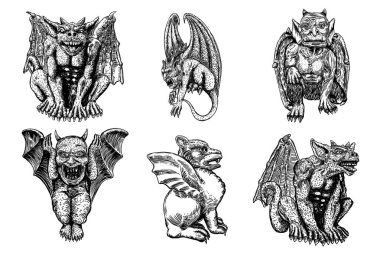 Bir dizi mitolojik antik yaratık, yarasa kanatları ve boynuzları olan bir kimera gibi insanlar ve ejderha. Sivri dişleri ve pençeleri olan efsanevi gargouille. Elle çizilmiş bir eskiz. Vektör.