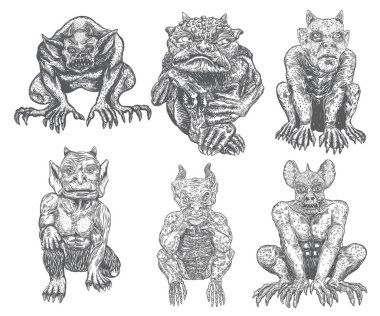 İblis vampirler, canavar gibi insanlar sivri dişli, boynuzlu ve pençeli yaratıklar. Agresif bir pozisyonda oturuyorlar. Mistik ve okült el oymalı şeytan vektörü.