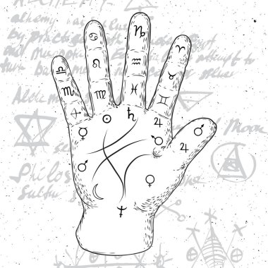 Chiromancy el, eski palmiye çizim ve manevi semboller okuma. Kehanet ve tahmin, gezegenlerin işaretleri ile açık el palmistry harita. Sihirli büyücülük arka plan yazma. Vektör. 