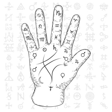 Fortune teller hand with Palmistry diagram hand drawn design. Vintage illustration for tattoo template. Palm reading magic spirituality zodiac constellations on sacred symbols background. Vector. clipart