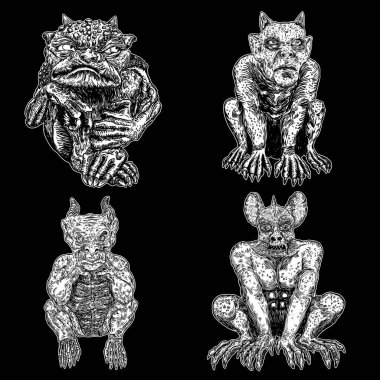 İblis vampirler, canavar gibi insanlar sivri dişli, boynuzlu ve pençeli yaratıklar. Agresif bir pozisyonda oturuyorlar. Mistik ve okült el oymalı şeytan vektörü.