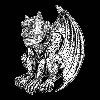 Mitolojik antik canavar yaratıklar insan ve ejderha yarasa kanatları ve boynuzları chimera gibi. Keskin dişleri ve oturma pozisyonları içinde pençeleri ile efsanevi gargouille. Oyma el çizilmiş kroki. Vektör.