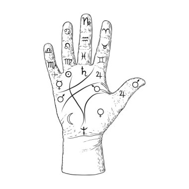 Palmistry. Eldeki ezoterik okült semboller, kehanet avuç içi veya okuma tasarımı. El çizimi. Vektör. 