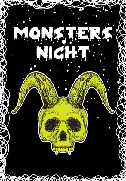 Cadılar Bayramı tatil siyah kartı iblis kafatası ile. Elle çizilmiş el ilanı posterler ve el yazısı yazı metin kelime teklif ve ifade ile tebrik kartı. Vektör.