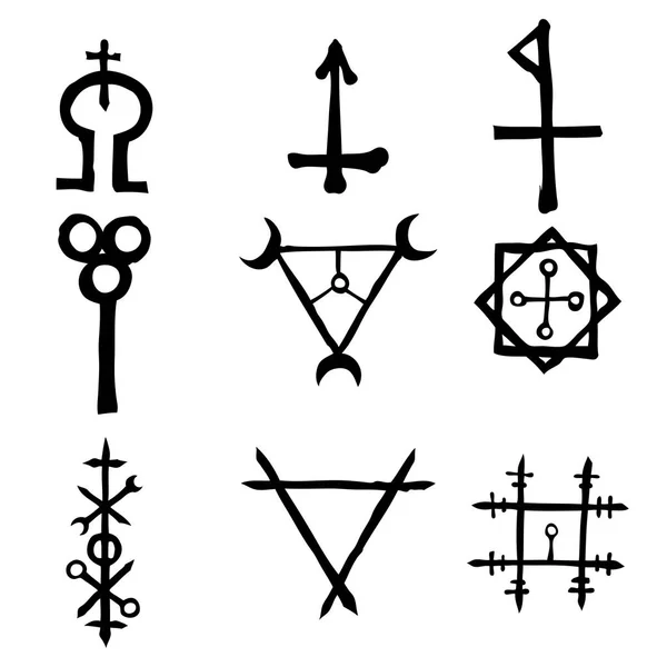 Conjunto de elementos de diseño de símbolos esotéricos. Alquimia manuscrita imaginaria signos, espacio, espiritualidad, inspirada en el misticismo, la masonería, la astrología. Vector . — Vector de stock