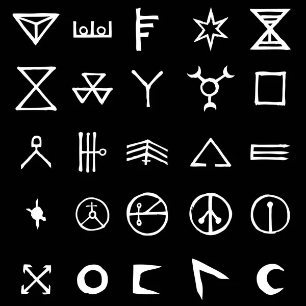 Set with mystic and occult symbols. Hand drawn and written alphabet signs. Spiritual masonic tattoo ideas. Vector. — Stock Vector