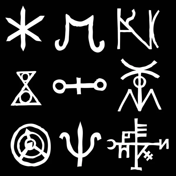 Ensemble mystique avec cercles magiques, pentagramme et symboles de chakras imaginaires. Collection d'icônes avec sorcellerie et lettres d'écriture occulte. Concept ésotérique. Vecteur — Image vectorielle
