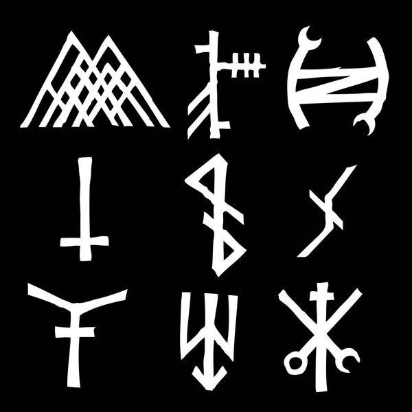 Set of alchemical symbols on the theme of old manuscript with occult lyrics alphabet and symbols. Esoteric written signs inspired by medieval writings. Vector 