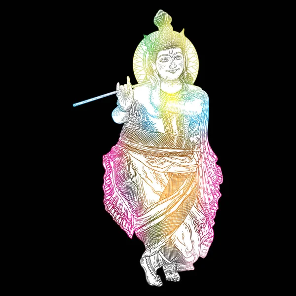 Ilustración dibujada a mano del Señor Krishna tocando la flauta en las felices fiestas de Janmashtami. Concepto Diwali. Fondo de saludo festival indio. Vector . — Vector de stock