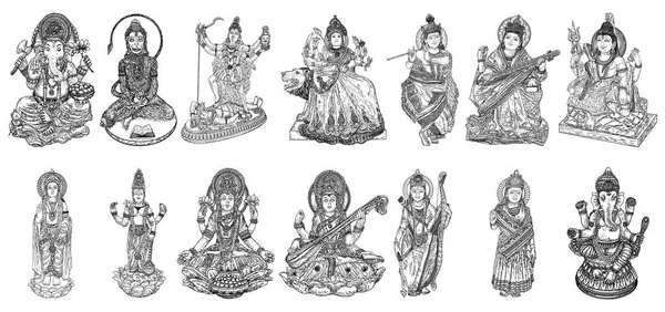 Készlet-istenek-indiai Fesztivál, Durga istennő, az Úr Ráma és a Hanuman. Karolina Úr vagy Ganesha, Shiva és Péter felesége. Úr Visnu, Saraswati, Devi Parvati és Lord Murugan, Kali. Vektor. — Stock Vector