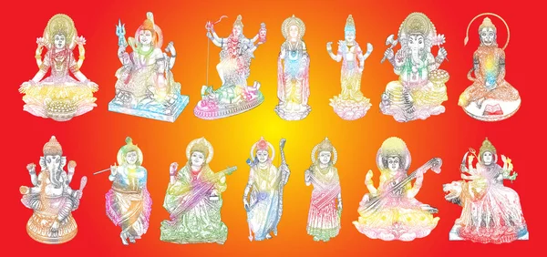 Tanrılar grubu Hint Festivali, Tanrıça Durga, Lord Rama ve Hanuman için. Lord Ganpati veya Ganesha, Shiva ve Lakshmi karısı. Lord Vishnu, Saraswati, Devi Parvati ve Lord erdal, Kali. Vektör.