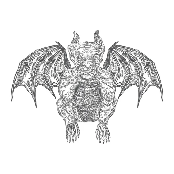 加戈伊尔坐在积极的位置攻击人类和龙蝙蝠像恶魔奇梅拉梦幻般的野兽生物与角尖牙和爪子。手画哥特式监护人在中世纪。向量 — 图库矢量图片