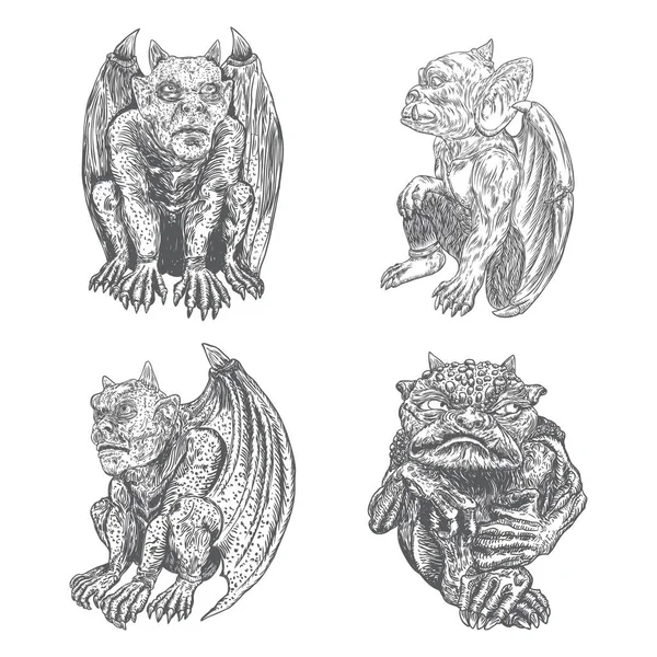 Set of mythological ancient gargoyle creatures, human and dragon like chimera with bat wings and horns. Mythical gargouille with fangs and claws. Engraved hand drawn sketch. Vector. — Stock Vector