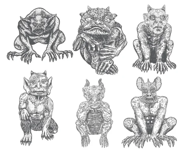 İblis vampirler, canavar gibi insanlar sivri dişli, boynuzlu ve pençeli yaratıklar. Agresif bir pozisyonda oturuyorlar. Mistik ve okült el oymalı şeytan vektörü.