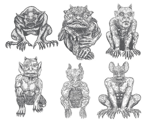 Набор демонических вампиров, людей, подобных монстрам, созданий химеры с рогами клыков и когтями. Сидит в агрессивном положении. Мистический и оккультный гравированный вектор дьявола.