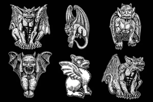 Σετ από μυθολογικά αρχαία πλάσματα ζώα με νυχτερίδες σαν φτερά και κέρατα. Μυθικό gargoyle με αιχμηρά δόντια κυνόδοντες και καρφιά ή νύχια σε καθιστή θέση. Σχεδιάστηκε με το χέρι. Διάνυσμα. — Διανυσματικό Αρχείο