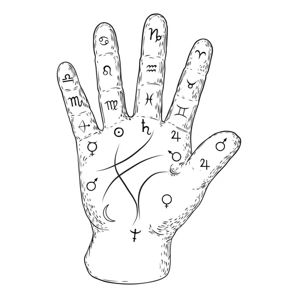 手相。手に難解なオカルトシンボル、予言や読書デザインの手のひら。手描き。ベクトル. — ストックベクタ
