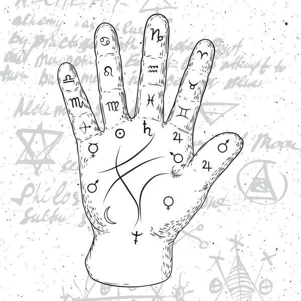 Chiromancy hand, ancient palm reading drawing and spiritual symbols. Divination and prediction, palmistry map on open hand with signs of the planets. Magic witchcraft writing background. Vector. — Stock Vector