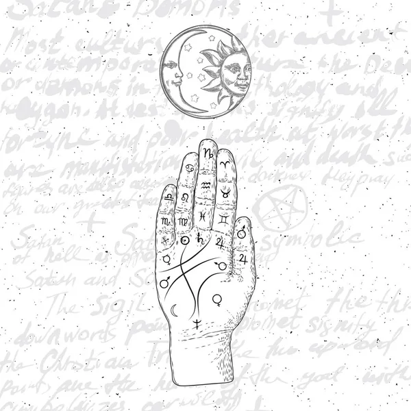 Chiromancy Hand, alten Palmen lesen Zeichnung und spirituelle Symbole. Weissagung und Vorhersage, Palmistry Karte auf offener Hand mit Zeichen der Planeten. magische Hexerei schriftlich Hintergrund. Vektor. — Stockvektor