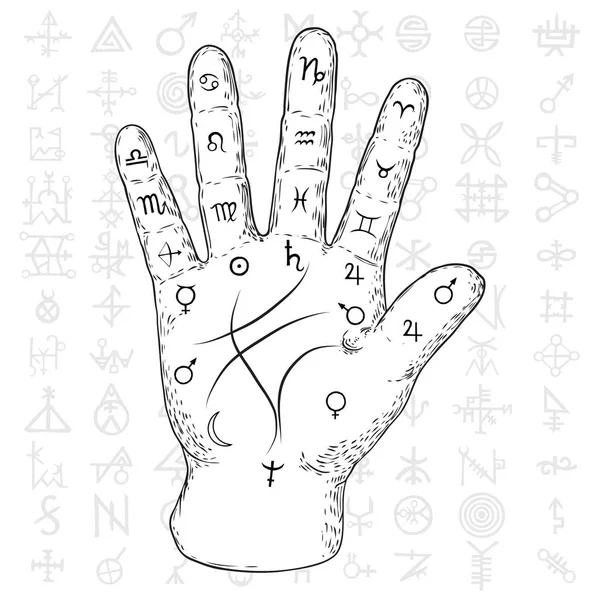 Ruka věštkyně s diagramem Palmistry s kreslené návrhy. Vinobraní ilustrace pro tetování šablony Palm pro čtení magie spiritualita zodiakových konstelace posvátných symbolů. Vektorové. — Stockový vektor