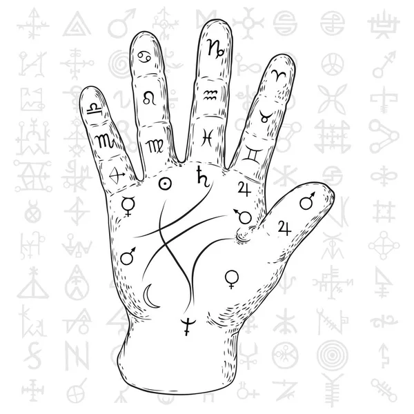 Palmistry diyagramı el çizilmiş tasarım ile Falcı el. Dövme şablonu için Vintage illüstrasyon. Palm okuma sihirli maneviyat zodyak takımyıldızları kutsal semboller arka plan üzerinde. Vektör.