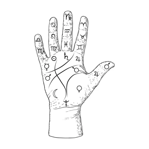 手相。手に難解なオカルトシンボル、予言や読書デザインの手のひら。手描き。ベクトル. — ストックベクタ