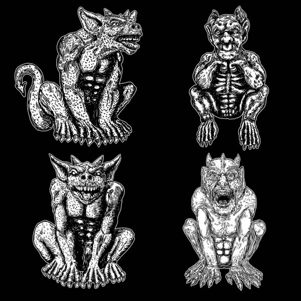 Набор демонических вампиров, людей, подобных монстрам, созданий химеры с рогами клыков и когтями. Сидит в агрессивном положении. Мистический и оккультный гравированный вектор дьявола.