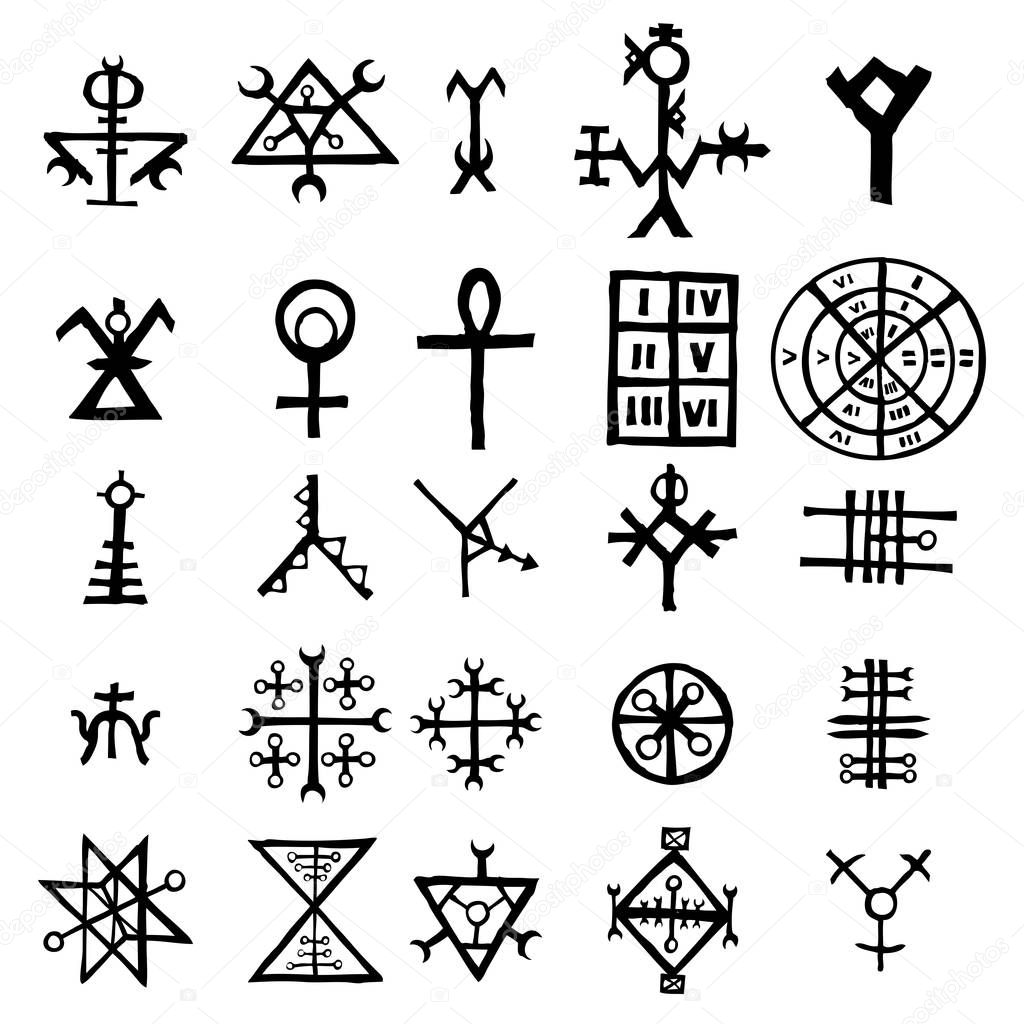 Mystic set with magic circles, pentagram and imaginary chakras symbols. Collection of icons with witchcraft and occult hand writing letters. Esoteric concept. Vector 