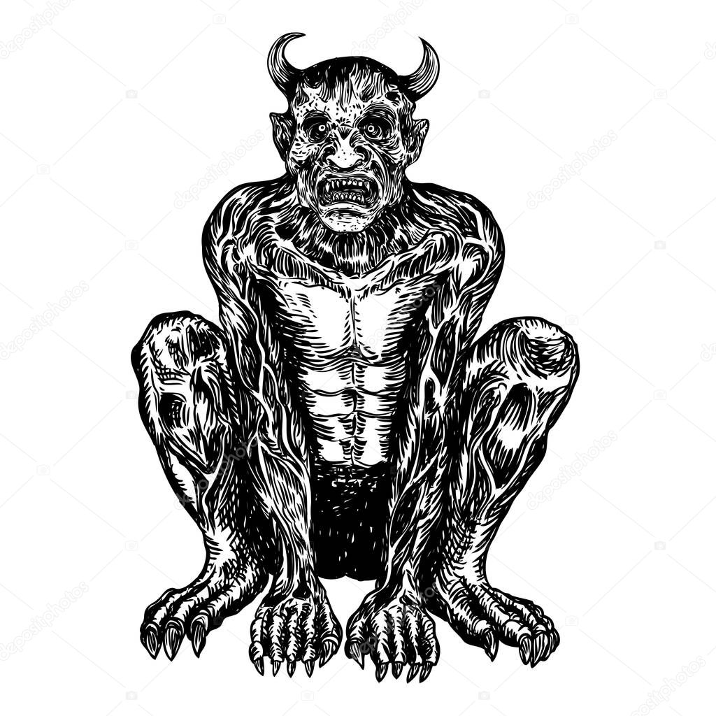 Demon, human like monster creature chimera with fangs horns, and claws. Mystic and occult hand drawn engraved devil vector.