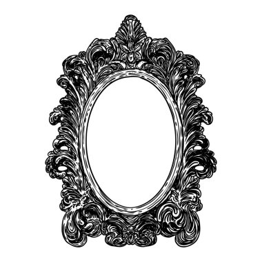 Barok antik klasik vintage tarzı çiçek oval resim çerçevesi tasarımı. Siyah beyaz çizim. Vektör.