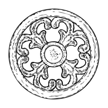Barok antik vintage tarzı çiçek dairesel tasarım elemanı. Tekstil, eşarp, arka planlar için siyah beyaz moda desen için mermer rozet çizim. Vektör.